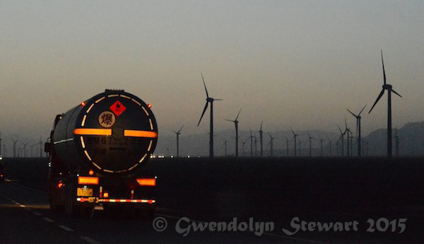 , Windfarm by the Road at Night, Xinjiang, China, Photographed by Gwendolyn Stewart, c. 2015; All Rights Reserved